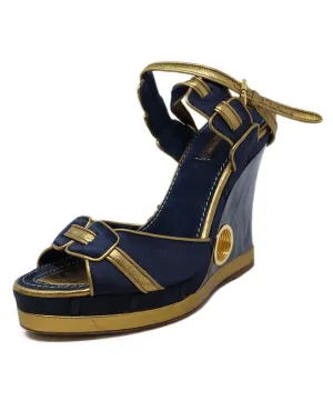 Louis Vuitton Blue & Gold Satin Lucite Wedges sz 7