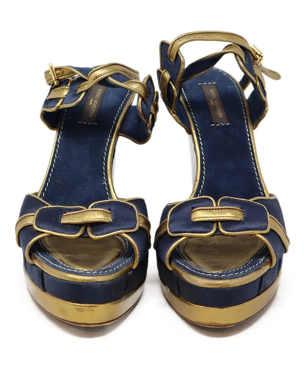 Louis Vuitton Blue & Gold Satin Lucite Wedges sz 7