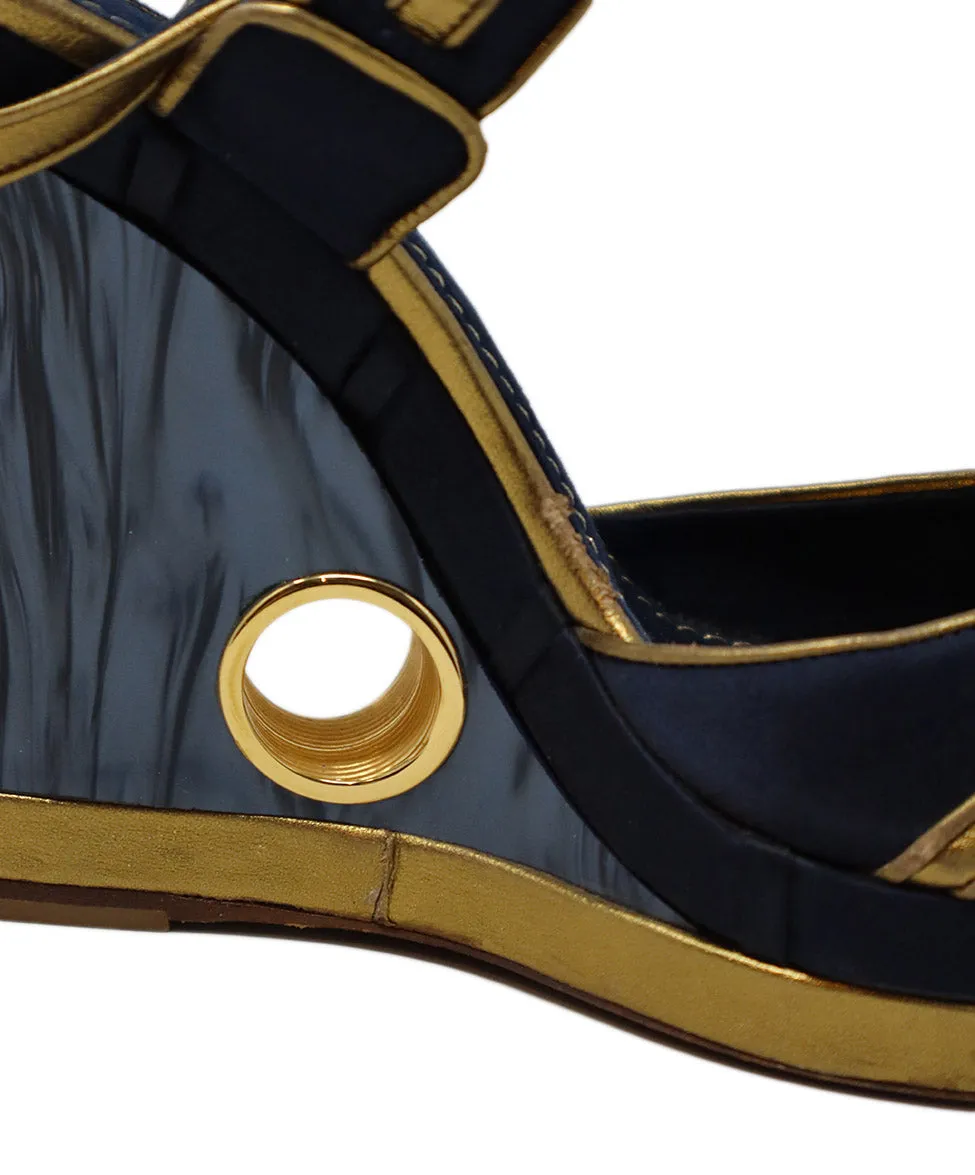 Louis Vuitton Blue & Gold Satin Lucite Wedges sz 7
