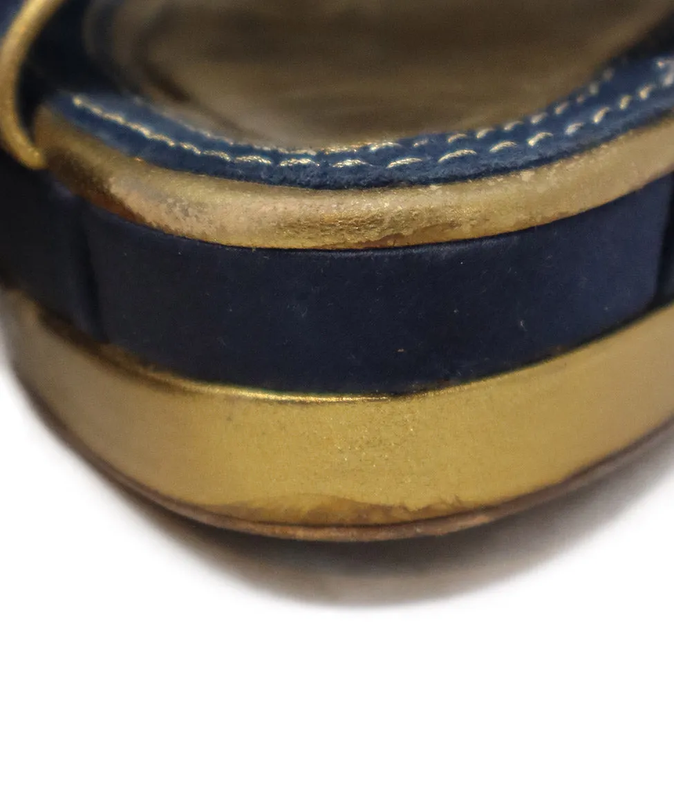 Louis Vuitton Blue & Gold Satin Lucite Wedges sz 7