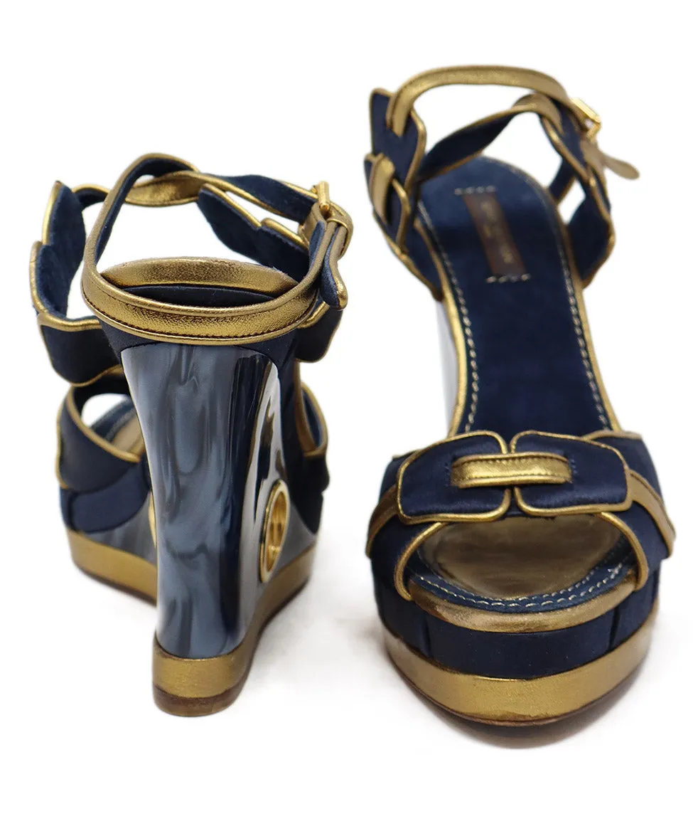 Louis Vuitton Blue & Gold Satin Lucite Wedges sz 7