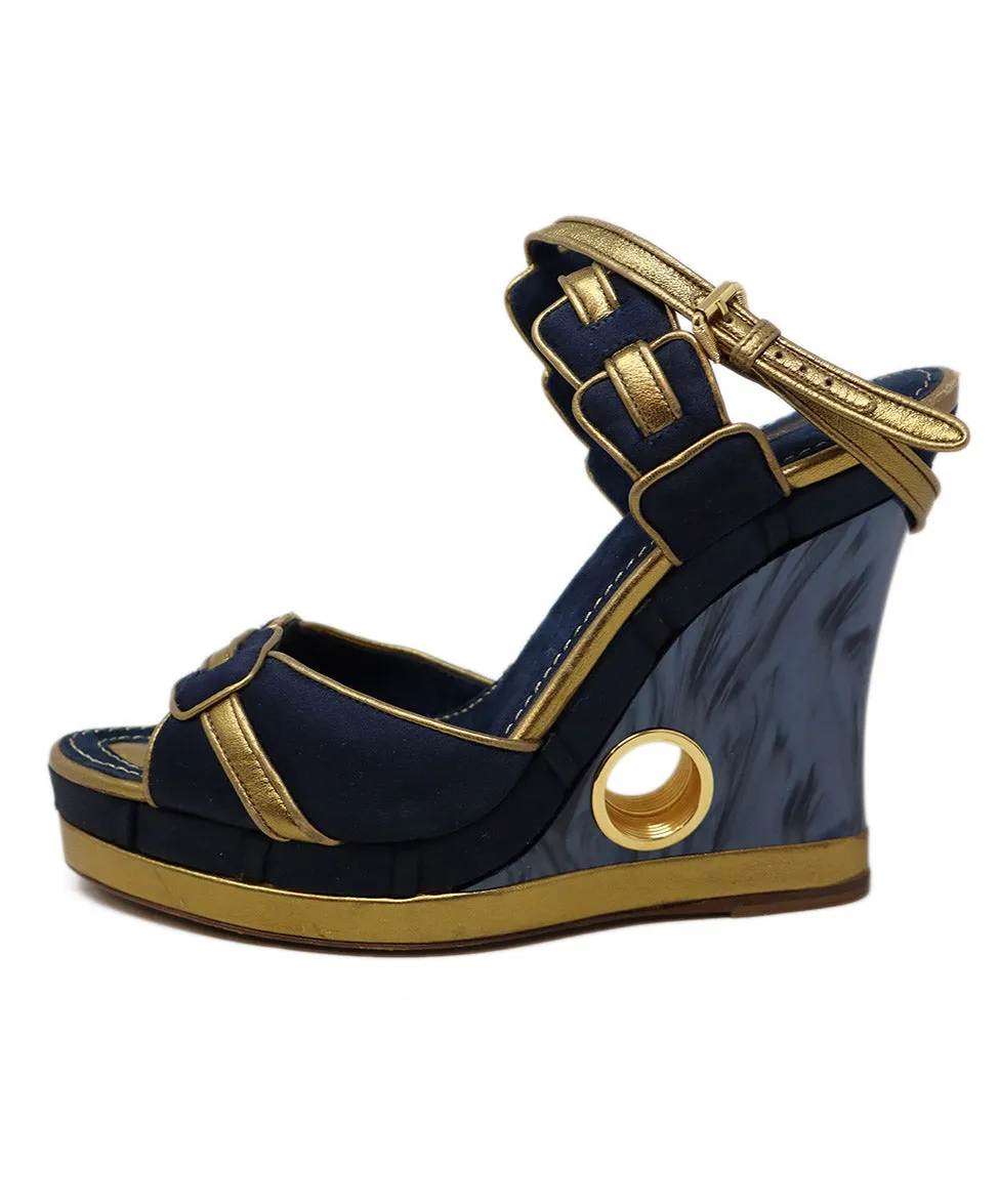 Louis Vuitton Blue & Gold Satin Lucite Wedges sz 7