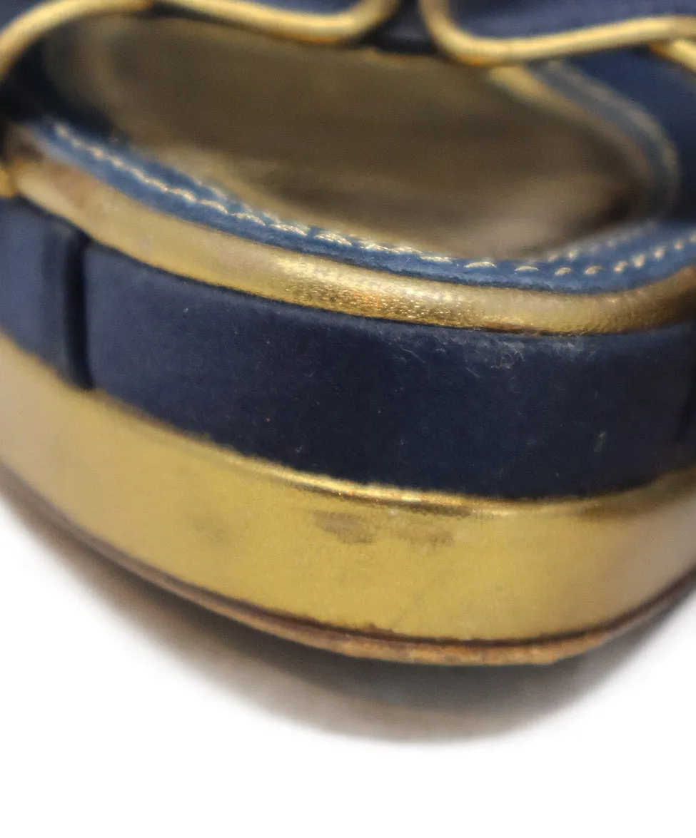 Louis Vuitton Blue & Gold Satin Lucite Wedges sz 7